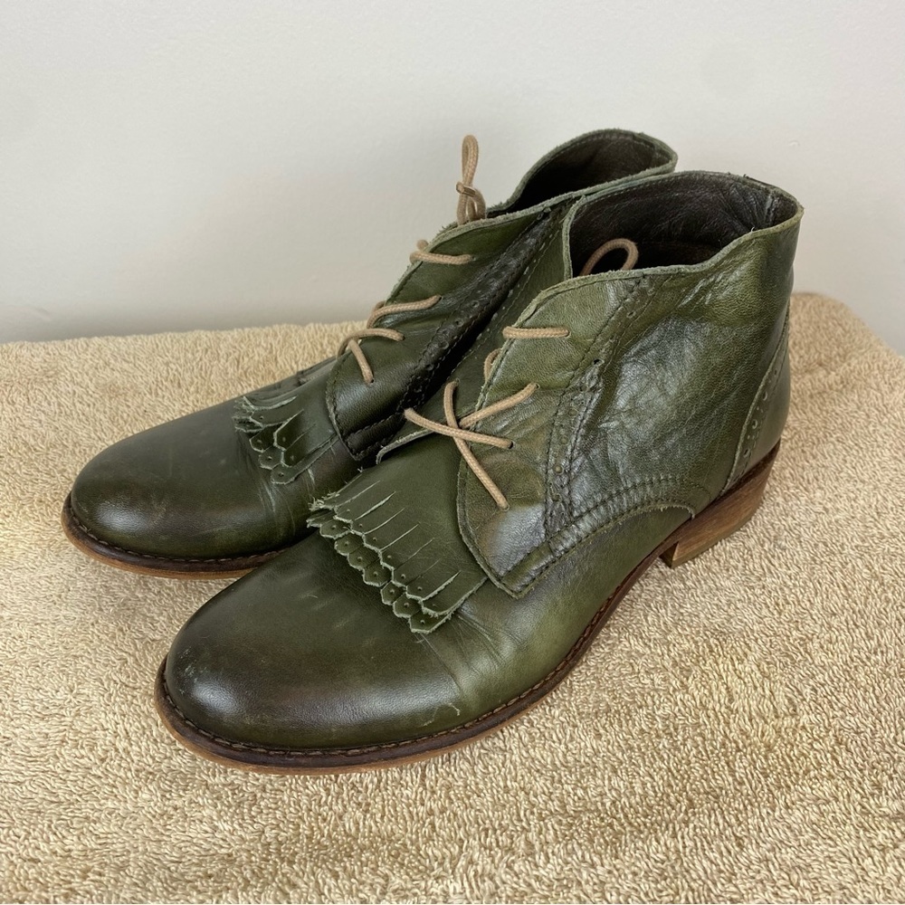 FAB Green Leather Booties Kiltie Vamp Wooden Stacked Heel size 38